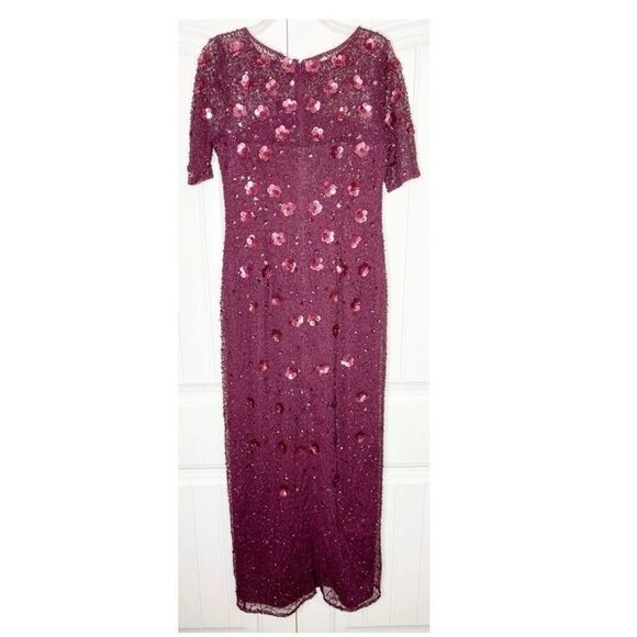 Adrianna Papell Sz 6 Floral 3D Sequin Ball Gown Maroon Sparkle High Slit Formal - Picture 7 of 16